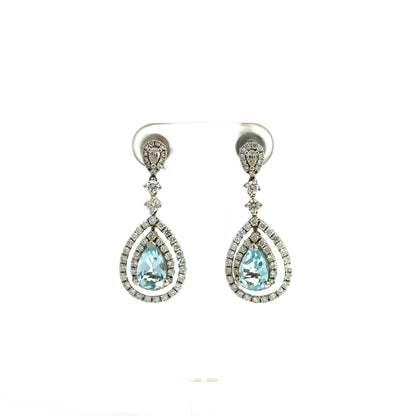 18k White Gold Pear Cut Blue Topaz & Diamond Drop Earrings