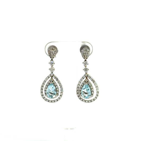 18k White Gold Pear Cut Blue Topaz & Diamond Drop Earrings