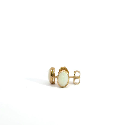9k Yellow Gold Oval White Opal Stud Earrings