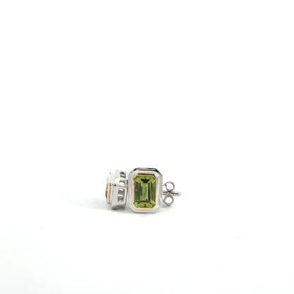 9k White & Yellow Gold Emerald Cut Green Peridot Stud Earrings