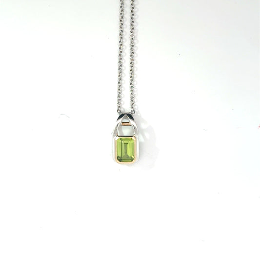 9k White & Yellow Gold Emerald Cut Green Peridot Pendant