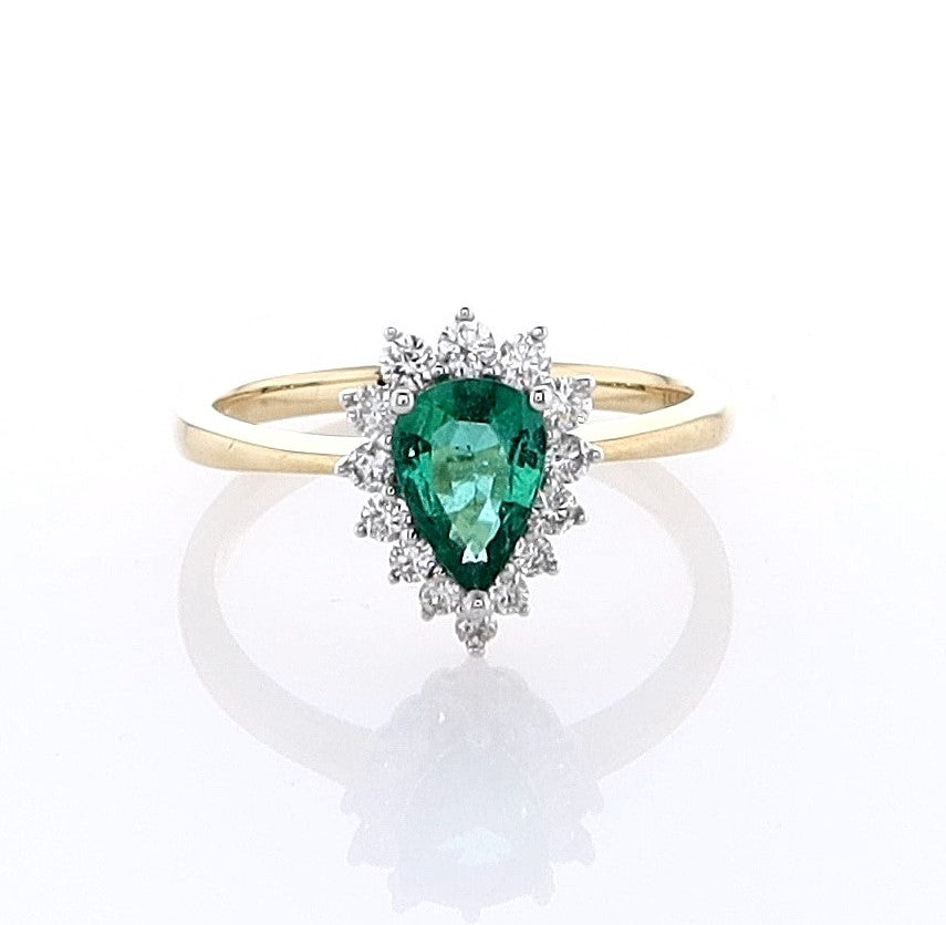 18k Yellow & White Gold Halo Pear Shape Emerald Ring