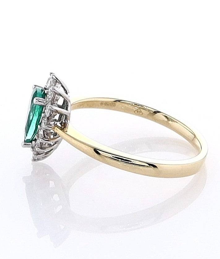 18k Yellow & White Gold Halo Pear Shape Emerald Ring