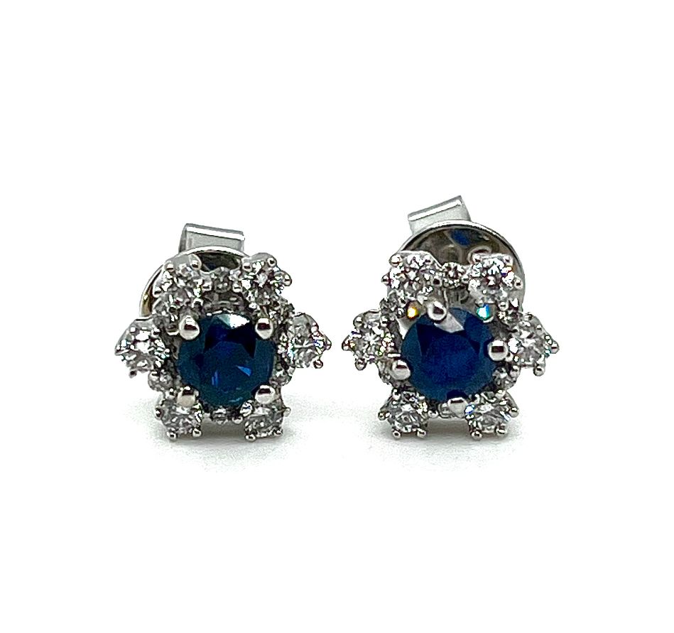 18k White Gold Round Sapphire & Diamond Earrings