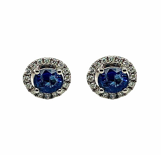 18k White Gold Oval Sapphire Diamond Halo Earrings