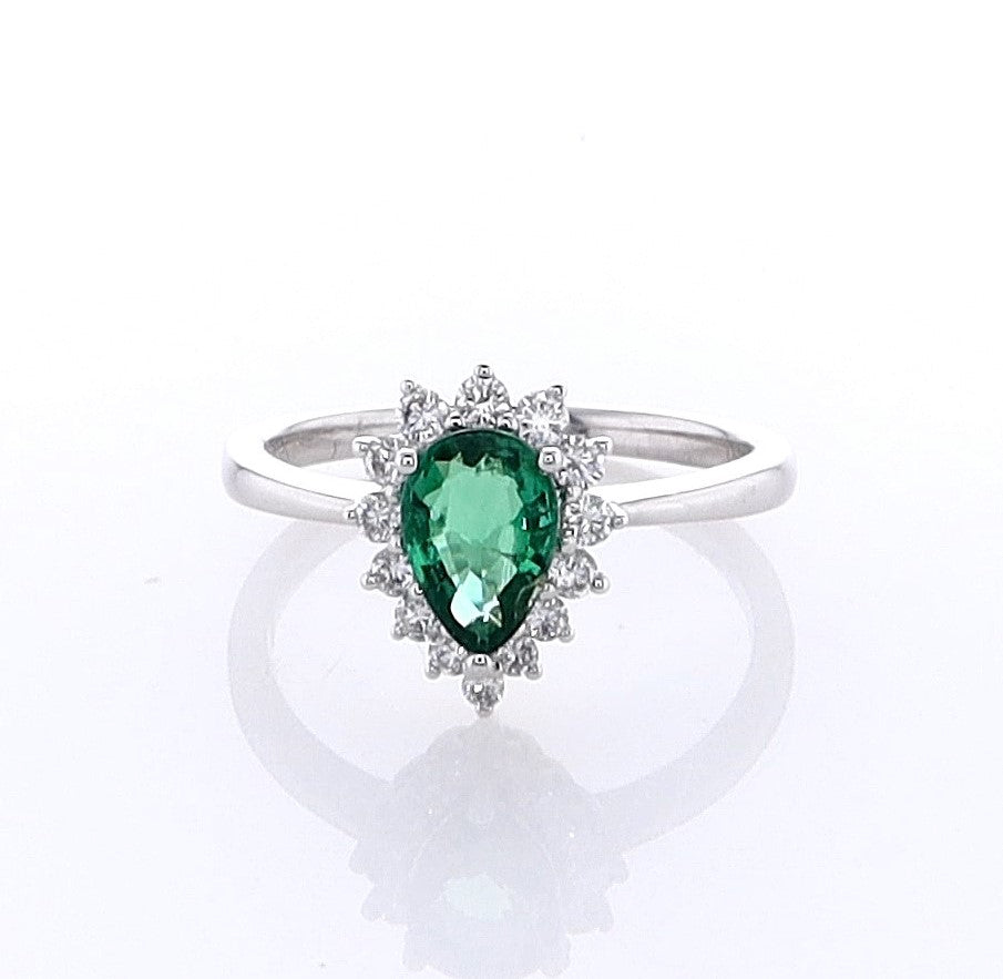 Platinum Pear Shape Emerald & Diamond Halo Ring
