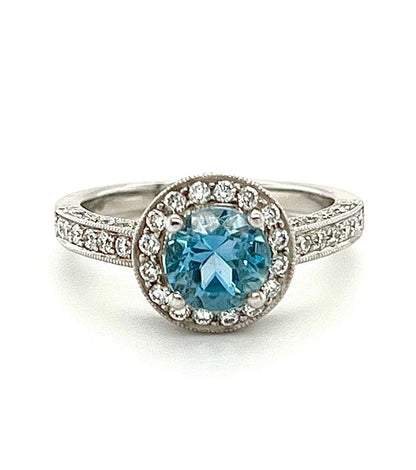 18k White Gold Aquamarine & Diamond Halo Ring