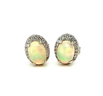 18k White Gold Oval Opal Diamond Halo Earrings