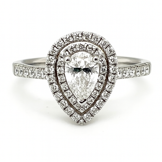 18K White Gold Double Halo Pear Cut Engagement Ring