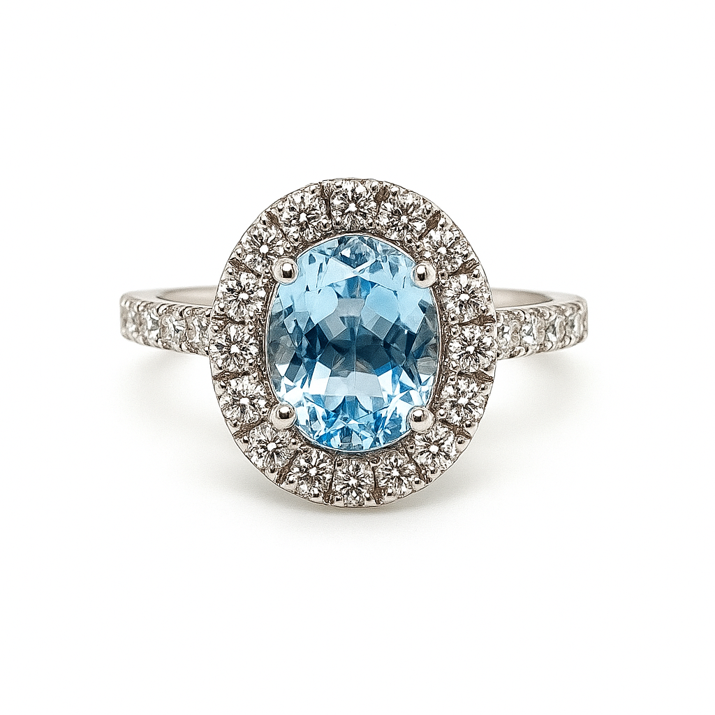 18k White Gold Oval Sky Blue Topaz & Diamond Ring