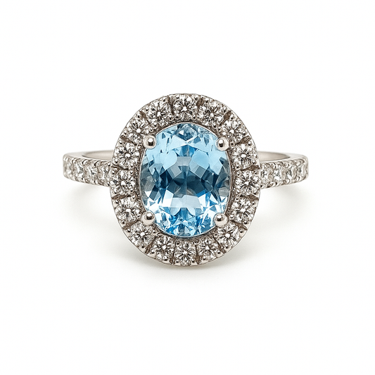 18k White Gold Oval Sky Blue Topaz & Diamond Ring