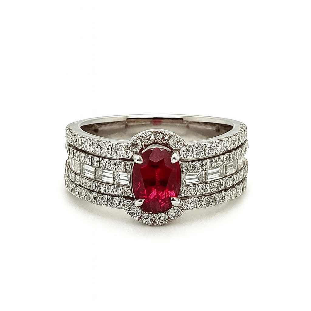 Ring with a central red gemstone and diamond accents on a white background