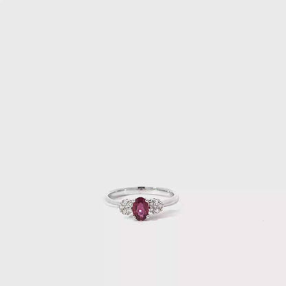18k White Gold Oval Cut Red Ruby Trilogy Ring