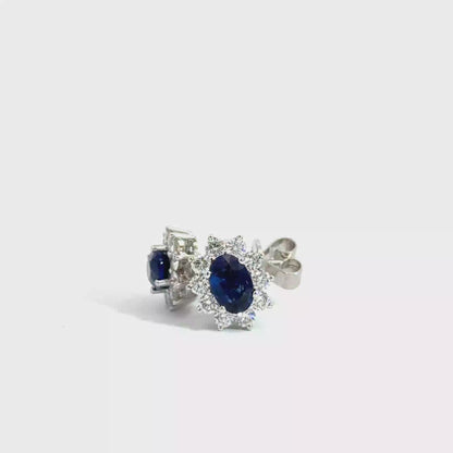 18k White Gold Oval Cut Blue Sapphire & Diamond Stud Earrings