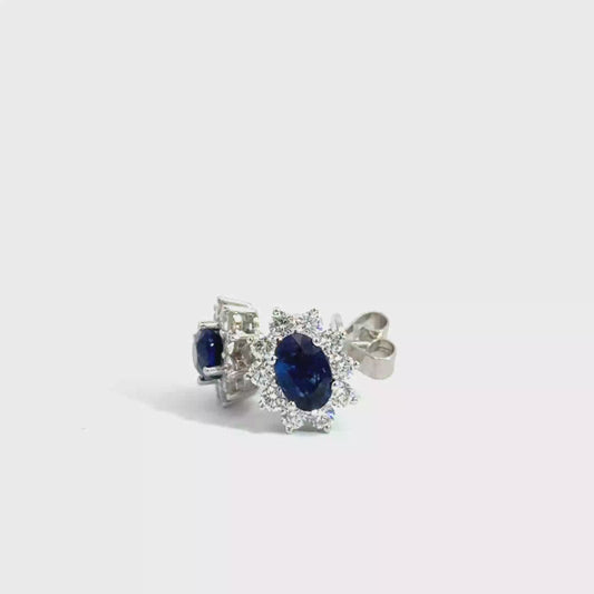 18k White Gold Oval Cut Blue Sapphire & Diamond Stud Earrings