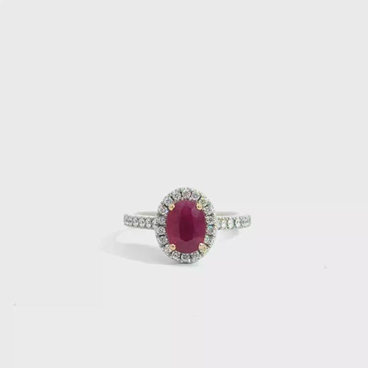18K White Gold Oval Cut Red Ruby Halo Ring
