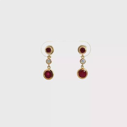 9k Yellow Gold Round Cut Red Ruby & Diamond Drop Earrings