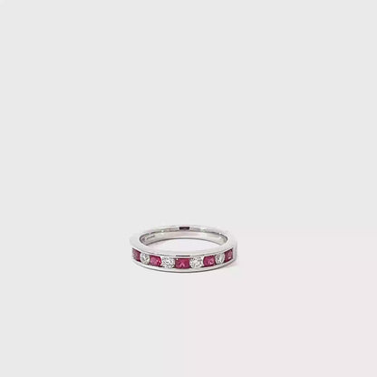 18k White Gold Round Cut Red Ruby Half Eternity Ring