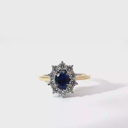 18k Yellow Gold & Platinum Oval Cut Blue Sapphire Halo Ring