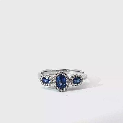 18k White Gold Oval Cut Blue Sapphire Trilogy Halo Ring