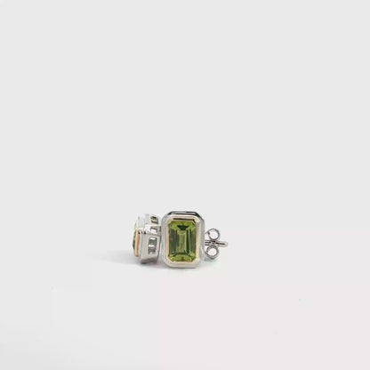 9k White & Yellow Gold Emerald Cut Green Peridot Stud Earrings