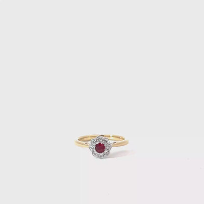 18k Yellow & White Gold Round Cut Red Ruby Cluster Ring
