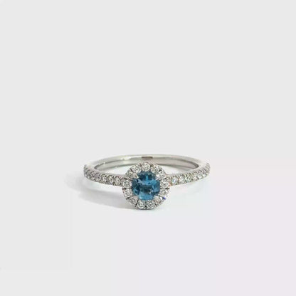 Platinum Round Cut Blue Aquamarine Halo Ring