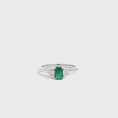 Platinum Emerald Cut Green Emerald Trilogy Ring