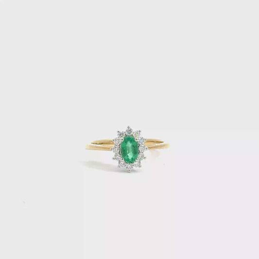 18k Yellow & White Gold Oval Cut Green Emerald Halo Ring