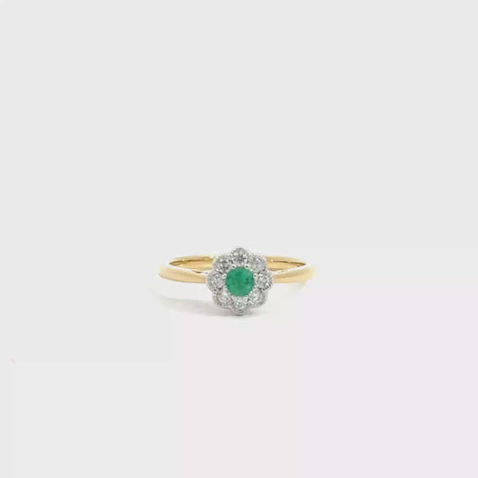 18k Yellow & White Gold Round Cut Green Emerald Cluster Ring