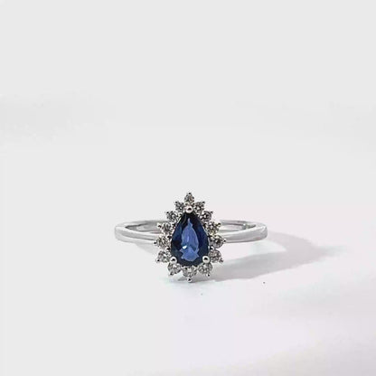 18k White Gold Pear Cut Blue Sapphire Halo Ring