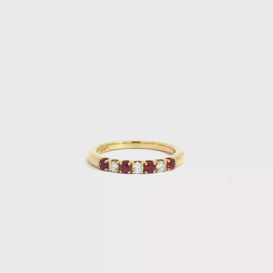 18k Yellow Gold Round Cut Red Ruby Half Eternity Ring