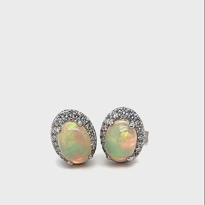 18k White Gold Oval Opal Diamond Halo Earrings