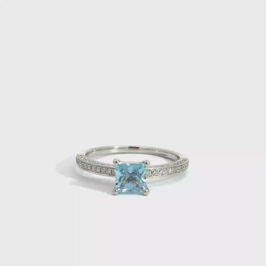 Platinum Princess Cut Blue Aquamarine Solitaire Ring