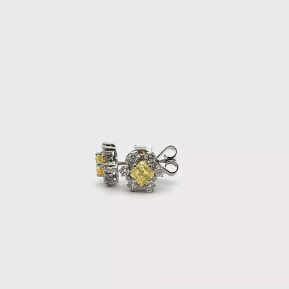 18k White Gold 1.23cttw Square Emerald Cut Yellow Lab Diamond Cluster Stud Earrings
