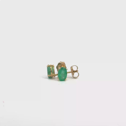 9k Yellow Gold Oval Cut Green Emerald Stud Earrings