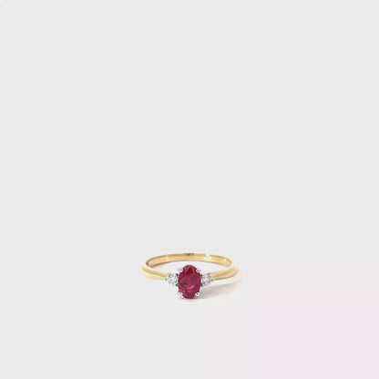 18k Yellow & White Gold Oval Cut Red Ruby Trilogy Ring