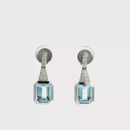 18k White Gold Emerald Cut Blue Aquamarine & Diamond Drop Earrings