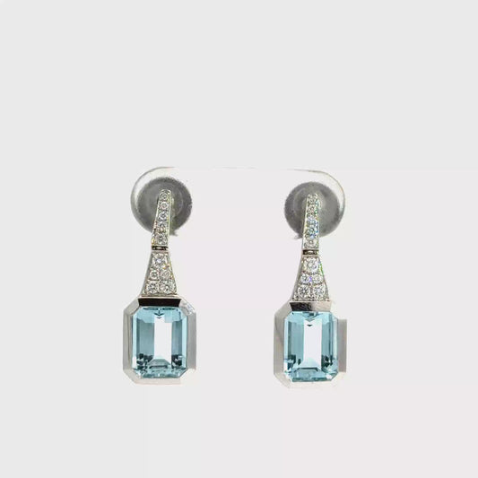 18k White Gold Emerald Cut Blue Aquamarine & Diamond Drop Earrings