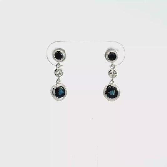 9k White Gold Round Cut Blue Sapphire & Diamond Drop Earrings