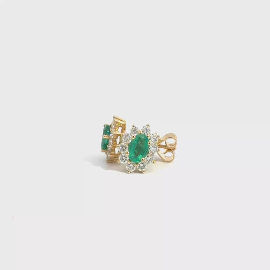 18k Yellow Gold Oval Cut Green Emerald & Diamond Cluster Stud Earrings
