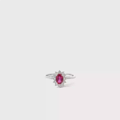 18k White Gold Oval Cut Red Ruby Halo Ring