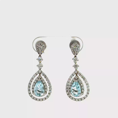 18k White Gold Pear Cut Blue Topaz & Diamond Drop Earrings