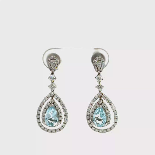 18k White Gold Pear Cut Blue Topaz & Diamond Drop Earrings