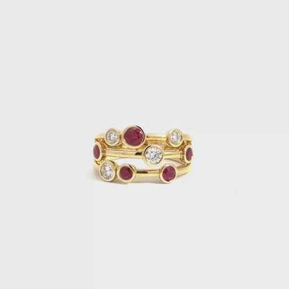 18k Yellow Gold Round Cut Ruby & Diamond Scatter Ring