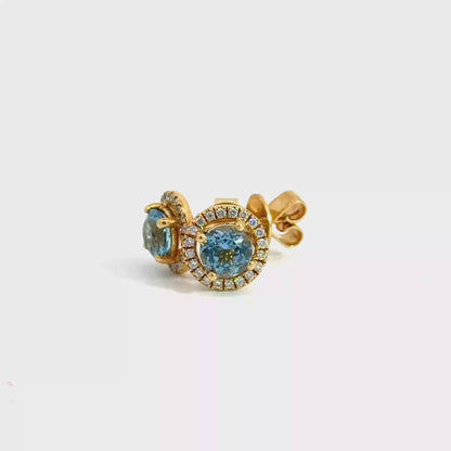 18k Yellow Gold Round Cut Blue Aquamarine & Diamond Halo Stud Earrings