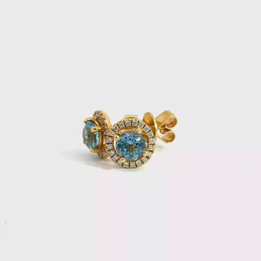 18k Yellow Gold Round Cut Blue Aquamarine & Diamond Halo Stud Earrings