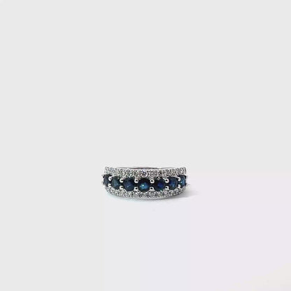 18k White Gold Round Cut Blue Sapphire Row Ring