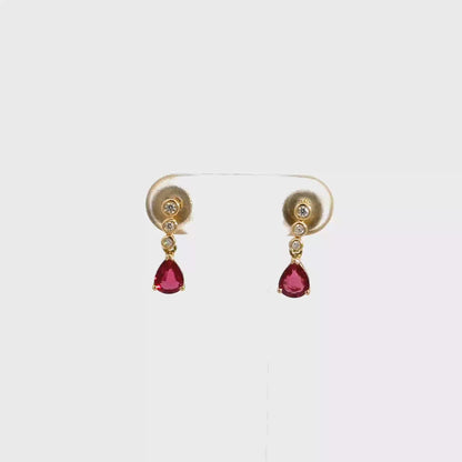 18k Yellow Gold Pear Cut Red Ruby & Diamond Drop Earrings