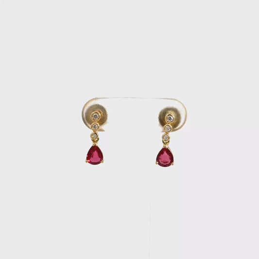 18k Yellow Gold Pear Cut Red Ruby & Diamond Drop Earrings